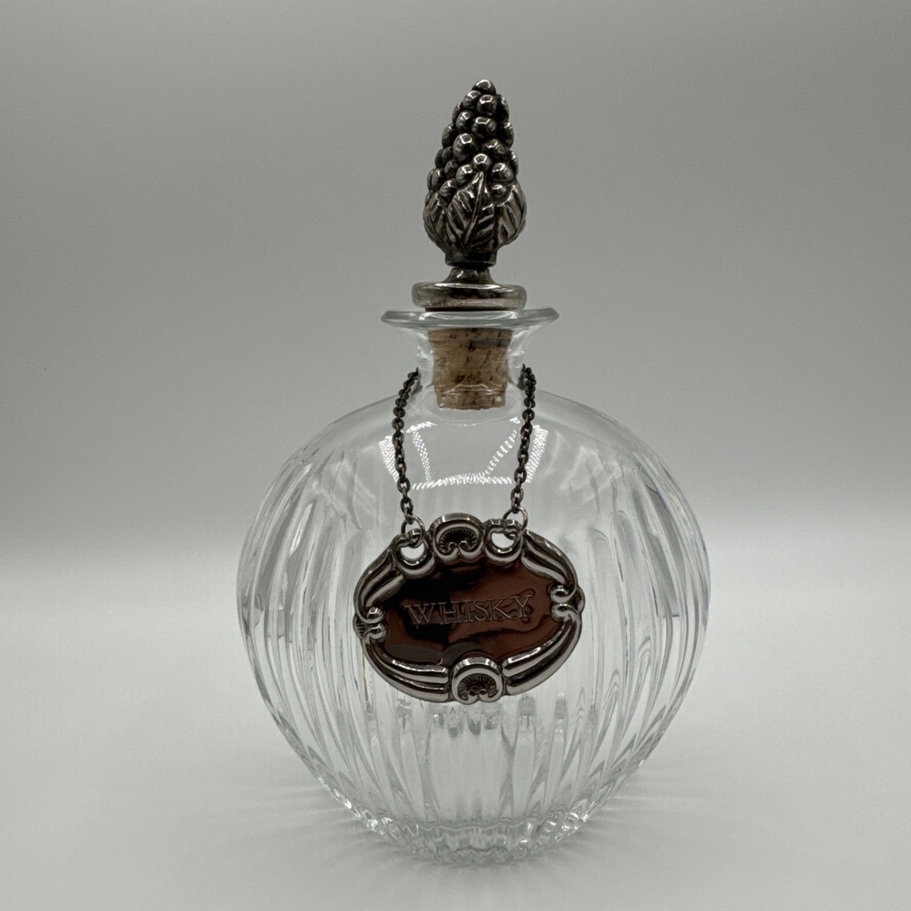 VTG Mikasa Glass Whiskey Decanter Grape Stopper Silver Tag Barware